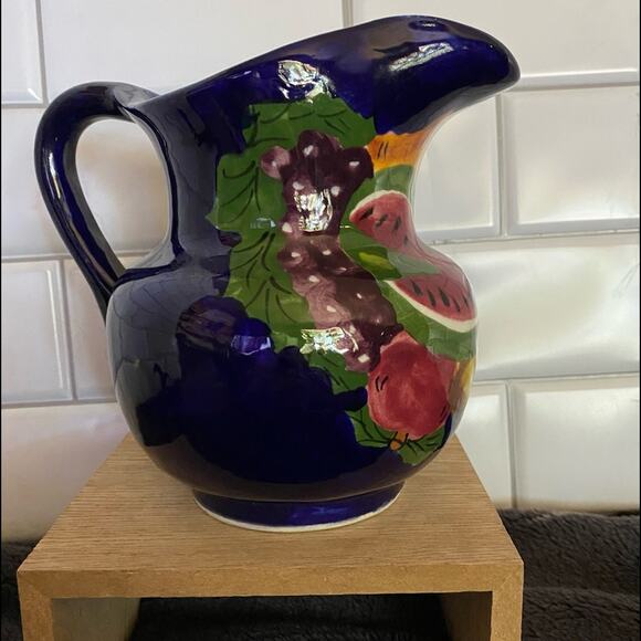 Vintage Tonala Blue Red Pitcher hand-painted fruit made in Mexico Marked - Picture 1 of 7